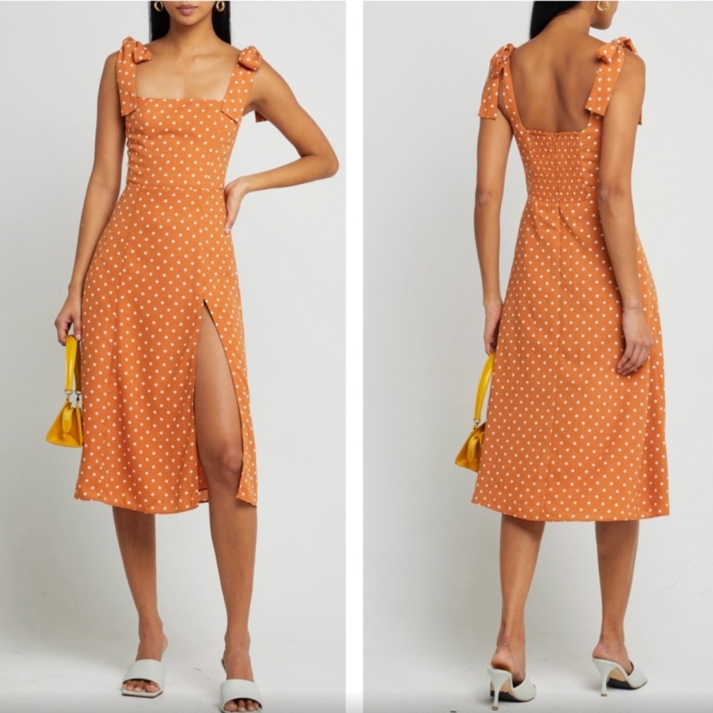 NWOT O.p.t. Sasha Midi Dress orange polka dot small tie bow straps Reformation